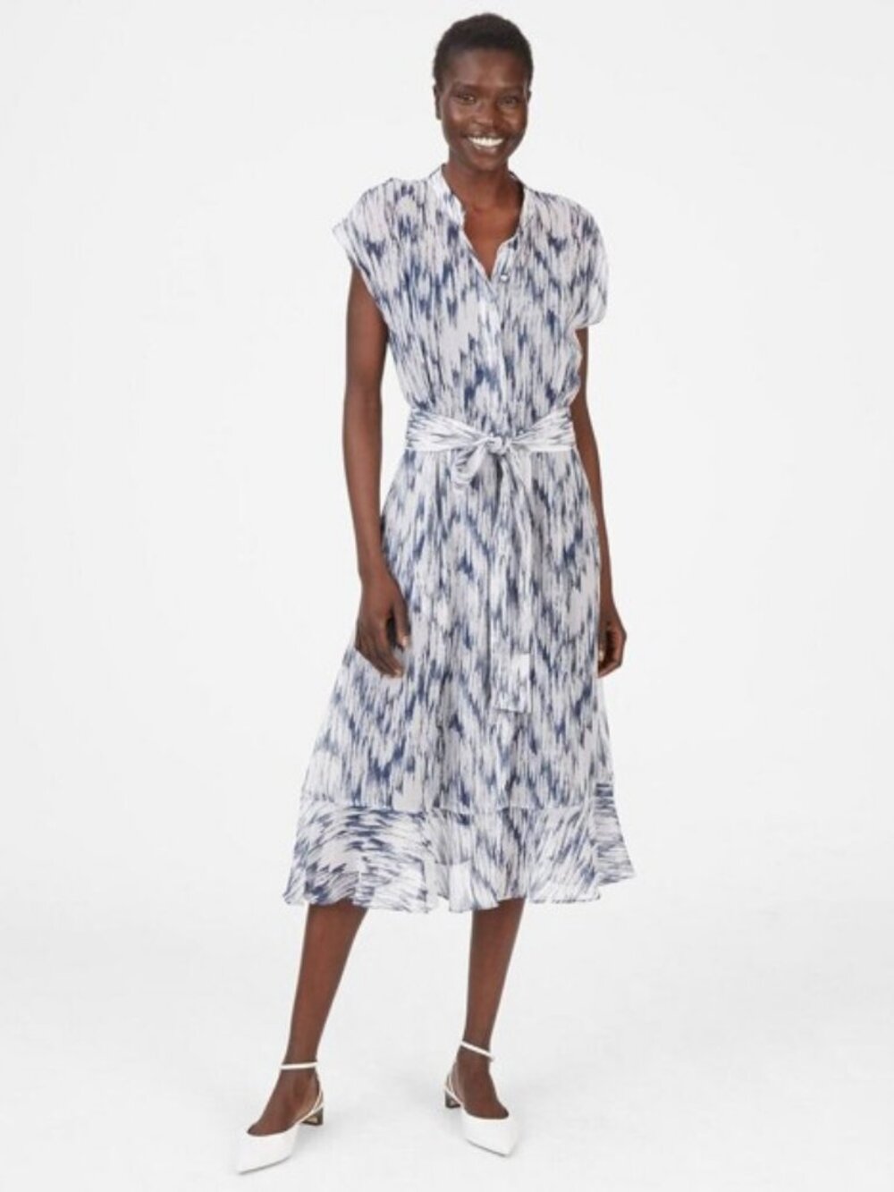 Club Monaco Dremah Blue White 100% Silk Ruffle Hem Midi Dress 8